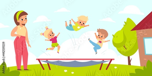 Outdoor trampoline jumping. Children play in yard with gym equipment. Cute kids bounce by mother supervision, active group games. Happy summer leisure time. Vector cartoon isolated concept