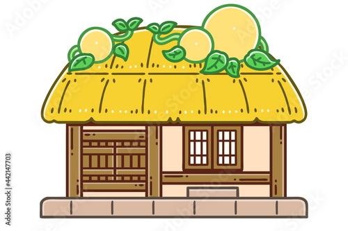 A choga house. Choga denotes one of two traditional nature-friendly house types in Korea. The main building materials used to build these houses are straw, wood and soil. Vector illustration.