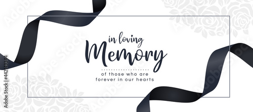 In loving memory of those who are forever in our hearts text and black ribbon roll wave around frame on white rose texture background vector design