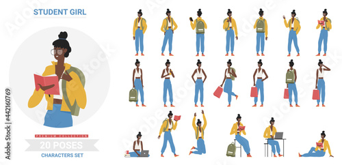 African american black student girl poses infographic vector illustration set. Cartoon flat young woman standing with backpack, sitting, studying at table with laptop and books