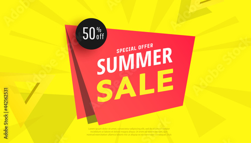 Summer sale banner with tropical leaves background for seasonal offer, website, flyer and poster
