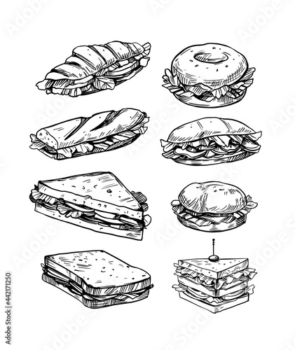 Set of sandwiches filled with vegetables, cheese, meat, bacon. Vector illustration in sketch style. Fast food