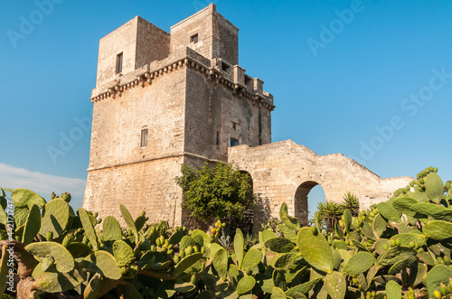 View of the historical fortification tower - Torre Colimena in village Manduria, province of Taranto, Puglia, Italy
