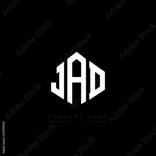 JAD letter logo design with polygon shape. JAD polygon logo monogram. JAD cube logo design. JAD hexagon vector logo template white and black colors. JAD monogram, JAD business and real estate logo. 