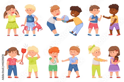 Kid bad behavior. Kids fighting over toys, pushing each other. Brother bullying sister. Aggressive naughty children behaving badly vector set. Offending boys and girls in kindergarten