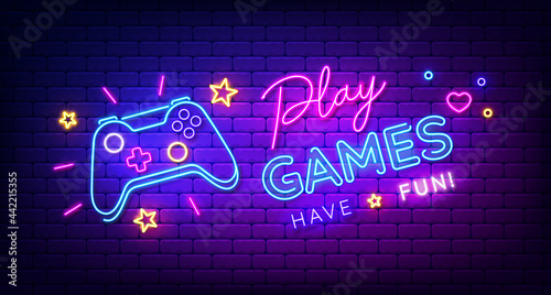 Play Games have fun neon sign with game pad, bright signboard, light banner. Game logo neon, emblem. Vector illustration