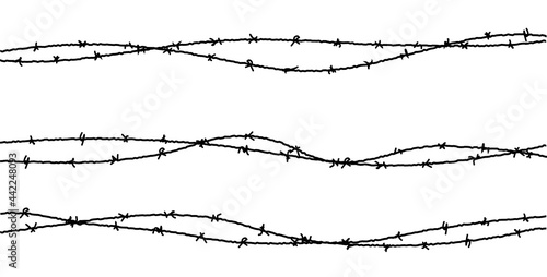 Barbed wire vector fence barbwire border chain. Prison line war barb background metal silhouette