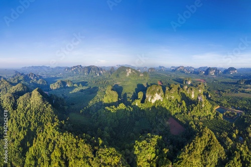 Krabi Town Thailand drone aerial ariel view of Pak Nam Krabi and Andaman Sea Panoramic Panorama Copy Space No People Mountains Limestone