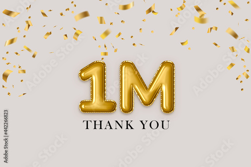 1 million followers gold balloons lettering with confetti, 1 million thank you card celebration background