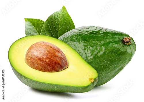 Fresh organic avocado with leaves isolated clipping path