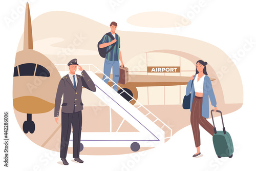 Summer travel web concept. Passengers with suitcases go down ladder plane. Man and woman arrival to resort on vacation. People scenes template. Vector illustration of characters in flat design