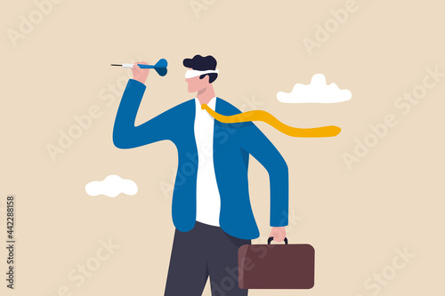 Unclear target or blind business vision, leadership failure or mistake aiming goal, untrained or uneducated management concept, confused businessman blindfold throwing dart.