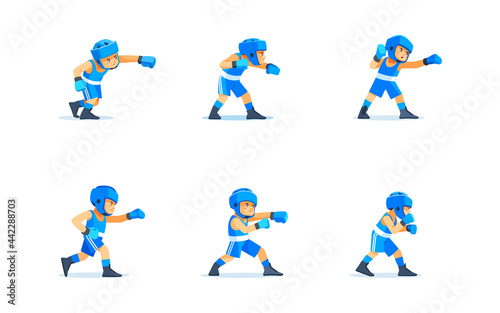 Cute boy Boxer character design in different poses. Cartoon vector illustration isolated on white background