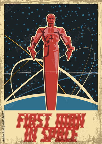 First man in Space Old Soviet Space Propaganda Posters Style Illustration, Cosmonaut and Earth Orbit 