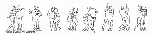 set of Latin American dances. An elegant couple dances salsa, bachata. Retro style. Linear drawing for printing T-shirts banners