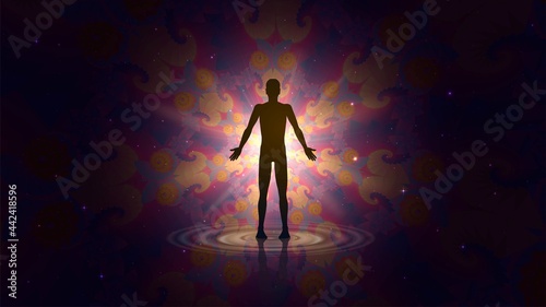Human silhouette on the background of a glowing fractal, the concept of aura and magical energy