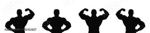 Muscular bodybuilder vector silhouette illustration isolated on white background. Sport man strong arms show in different pose. Body builder athlete showing muscles.