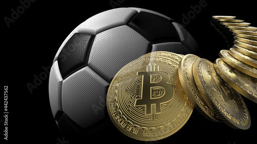 Virtual cryptocurrency money Bitcoin and Soccer ball. Blockchain network technology concept illustration. 3D CG. 3D high quality rendering. 3D illustration.