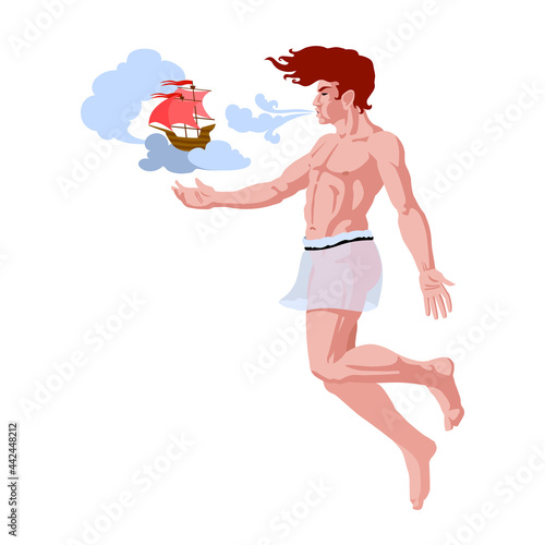 wind Zephyr, ancient Greek god in loincloth, blowing into the sails of a wooden boat, weather concept, color vector illustration isolated on white background in cartoon and flat design