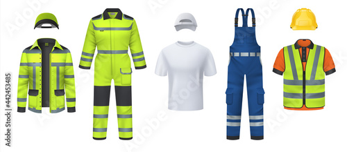 Professional uniform. Realistic work wear with helmet and reflective protective stripes. Isolated coveralls and headgears, t-shirt or vest. Garment for repairman. Vector clothes set
