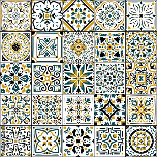 Azulejo tile. Spanish and Portugal national patchwork. Ornamental flower pattern. Antique arabesque cover. Traditional mosaic background with floral elements. Vector oriental flooring