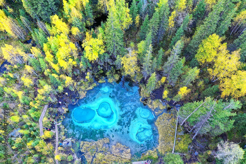 geyser lake altai aerial view from drone, blue lake landscape