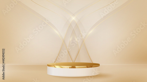 Realistic cream color product podium with golden lines sparkle. Luxury 3d style background concept. Vector illustration for promoting sales and marketing.