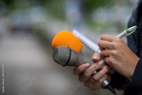 News reporter or TV journalist at press conference, holding microphone and writing notes