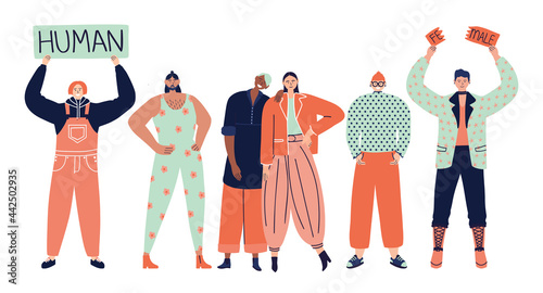 Group of happy androgynous transgender people. Gender neutrality concept, genderqueer. LGBTQ+ friendly society. Pride and freedom concept. Vector hand drawn flat illustration.