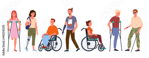 Disabled handicap people vector illustration set. Cartoon smiling man and woman patient handicapped characters standing in row, sitting in wheelchair, holding crutches. Disablement isolated on white