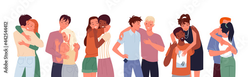 Happy people friends hug cuddle vector illustration set. Cartoon diverse woman man character standing together, young couple of girlfriend and boyfriend hugging, love and friendship isolated on white