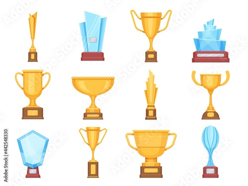 Golden trophy cups. Glass and gold award trophies for sports or competition. Crystal championship rewards and winner prizes flat vector set