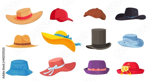 Cartoon hats. Female and male headwear, derby and cowboy, straw hat, cap, panama and cylinder. Summer women vintage fashion hats vector set