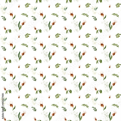 Beautiful watercolor floral seamless pattern with brown rosehips, green leaves, and watercolor splashes on the white background. Rustic hand-drawn nature ornament for wrapping paper, fabric, paper for