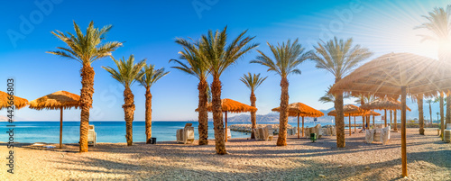 Panorama. Central public beach in Eilat - famous tourist resort and recreational city in Israel and Middle East