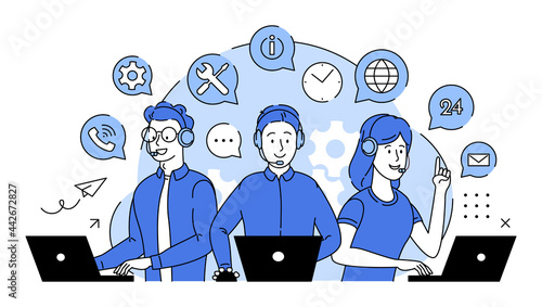 Сall center, call processing system. Customer service, hotline operators advise clients with headsets on laptops, 24 Hours, 7 Days A Week, Global online technical support. Flat illustration 