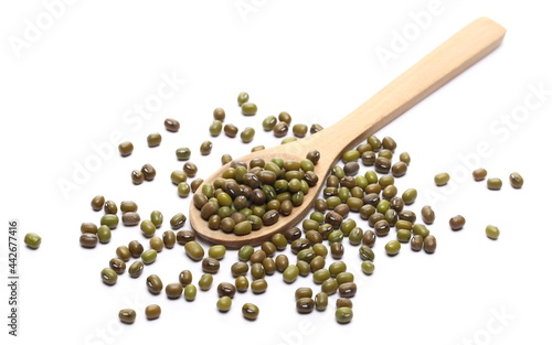 Green mungo beans with wooden spoon (Vigna radiata) isolated on white background, top view