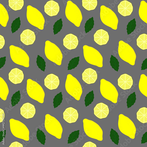Lemon pattern, lemon slices, leaves, gray background