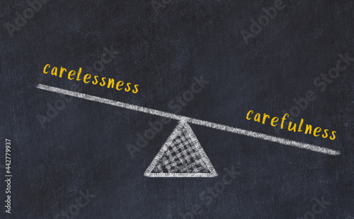 Chalk drawing of scales with words carelessness and carefulness. Concept of balance