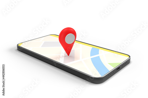 3D Render of Red Pointer Pin on the Map on Mobile Phone Screen