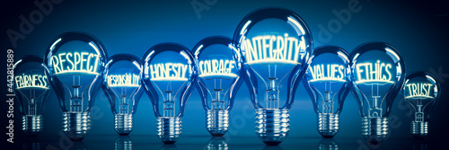 Integrity, respect, honesty concept - shining light bulbs - 3D illustration