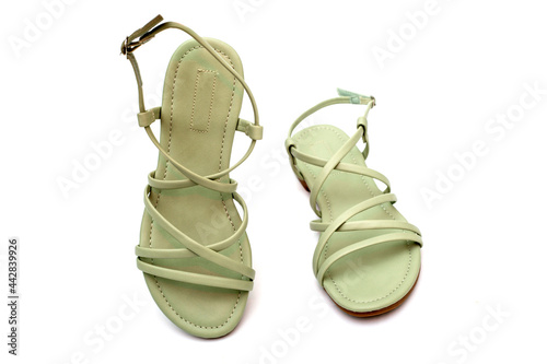 Women's summer sandals on a white background, top view