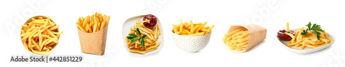 Tasty french fries with tomato sauce on white background