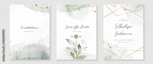 Abstract art background vector. Luxury invitation card background with golden line art flower and botanical leaves, Organic shapes, Watercolor. Vector invite design for wedding and vip cover template.