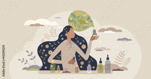 Aromatherapy scent procedure with healthy essential oils tiny person concept. Smelling floral fragrance as alternative medicine treatment process vector illustration. Female body herbal homeopathy.
