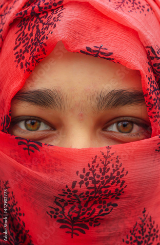 Closeup of beautiful woman face covered with hijab. Perfect brown crystal and shiny eyes of a Muslim girl. Front view of brown eyes.