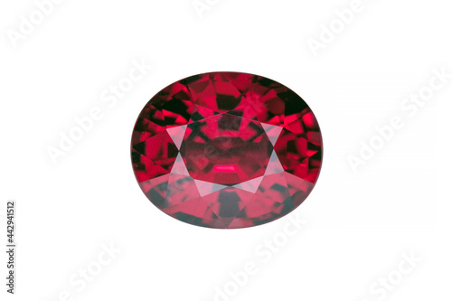 Isolated on white background natural mined unheated rich colorful cherry raspberry red rhodolite faceted garnet transparent, semiprecious gemstone loose setting for jewelry making. Gemology theme.