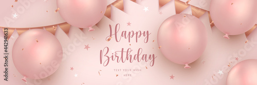 Elegant rose pink golden ballon and ribbon decoration Happy Birthday celebration card banner template background