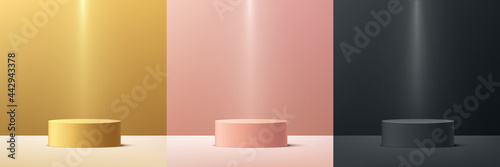 Set of abstract gold, pink gold, black cylinder pedestal podium with lighting. Luxury minimal wall scene collection. Modern vector rendering geometric platform for cosmetic product presentation.