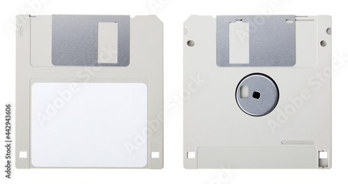 Grey floppy disk, front and back with blank label isolated on white background, clipping path
